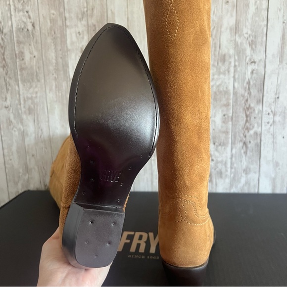 Frye Sacha At The Knee Suede Heeled Boots New Western Pointed Toe 6 - Picture 7 of 8